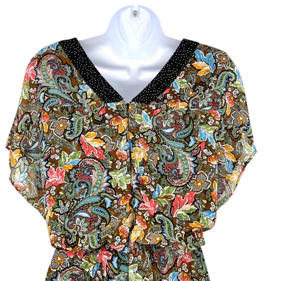 DR2 Paisley Floral Print Romper V-Neck Short Sleeve Black Multi-Color Size Large - Picture 7 of 12